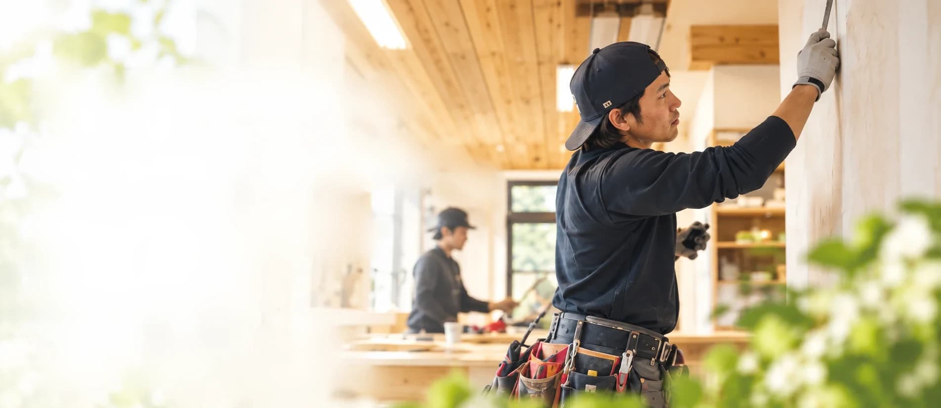 明るい室内で壁を施工する職人