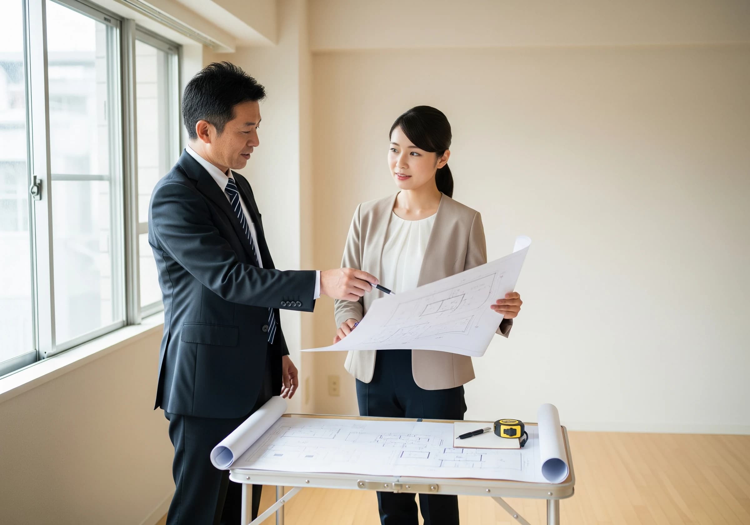 現場で施工内容を確認する職人