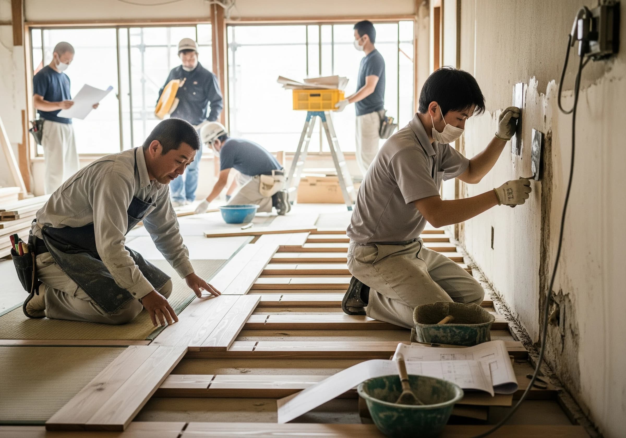 複数の職人が連携して行う工事の様子